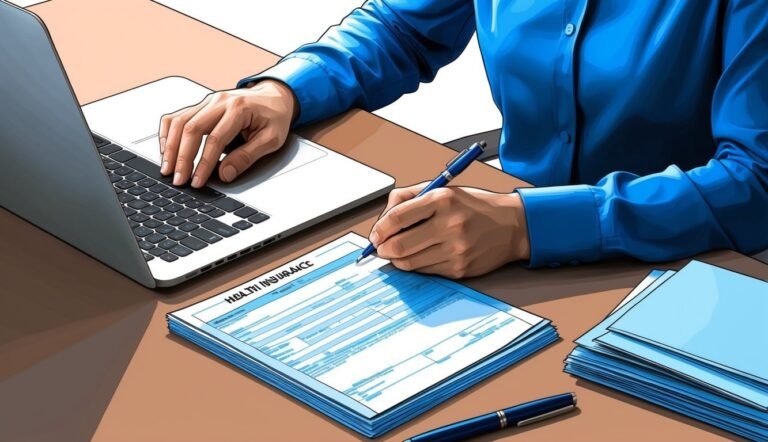 Person filling out health insurance form, using laptop and pen