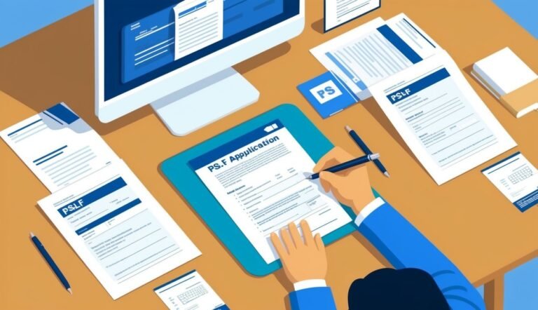 Person filling out a PSLF application form on a desk with computer and documents