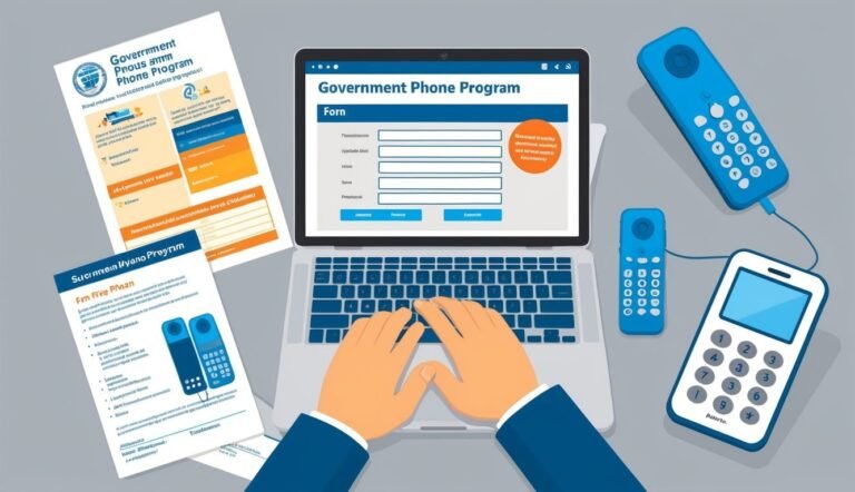 Laptop with government phone program form, phones, and paperwork