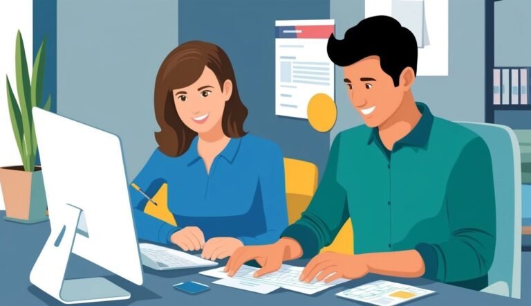 Two people working together at a desk with a computer