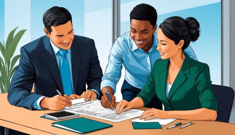 Three business people signing a contract at a table, smiling