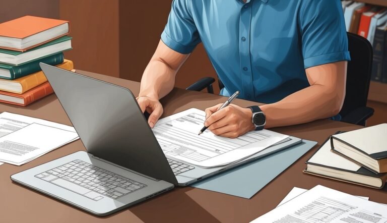 Person writing on a form at a desk with a laptop and books