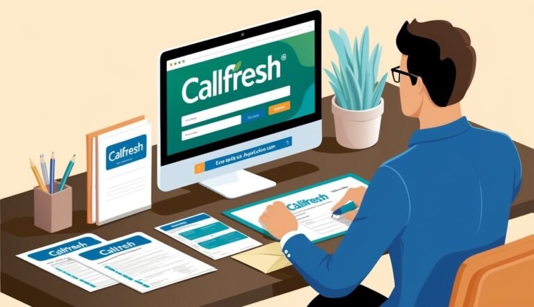 Man at desk with computer, forms, and "Callfresh" branding