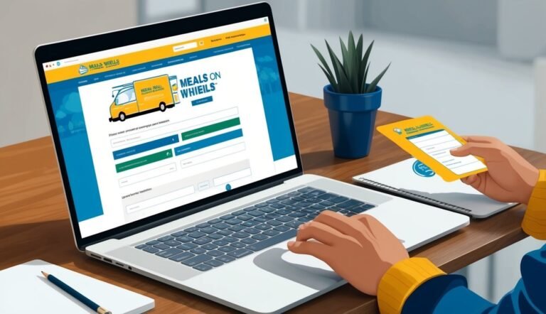 Person using laptop with "Meals on Wheels" website, holding a form
