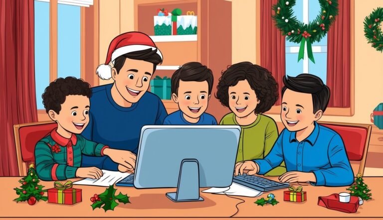 Family gathered around a computer during Christmas, smiling and looking at screen