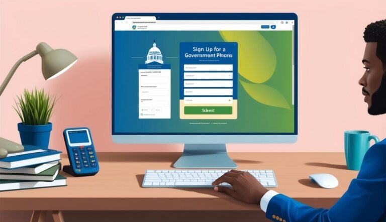 Man filling out a government form on a computer at a desk