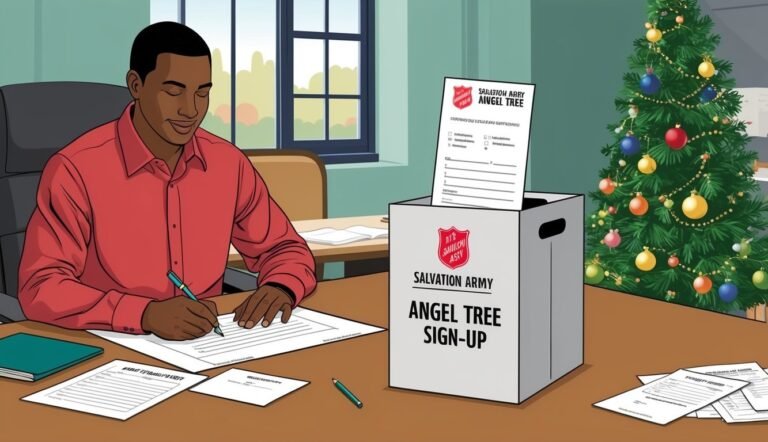 Man signing up for Salvation Army Angel Tree program near Christmas tree