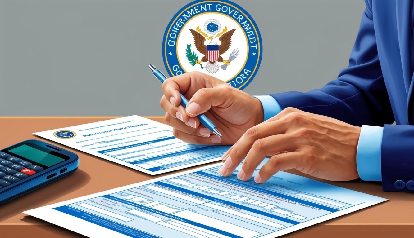 A person filling out a form with personal information, a phone, and a government logo in the background