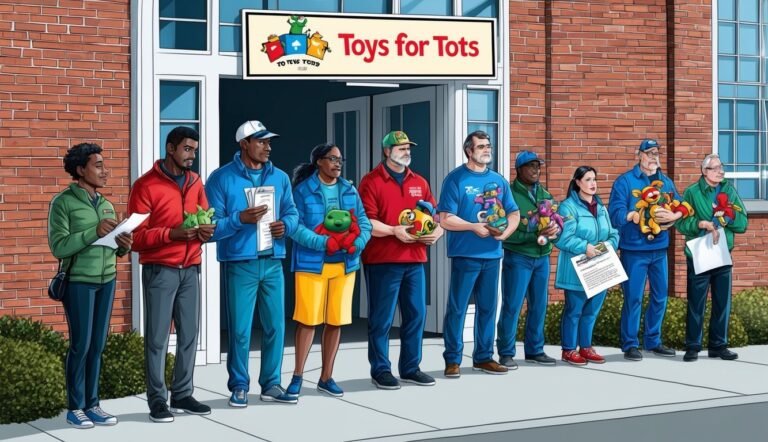 Volunteers holding toys stand in front of a Toys for Tots building