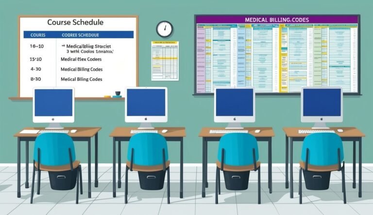 Classroom with computers, course schedule, and medical billing codes on the wall