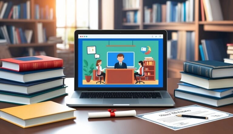 Laptop with video call, books, diploma, and library background