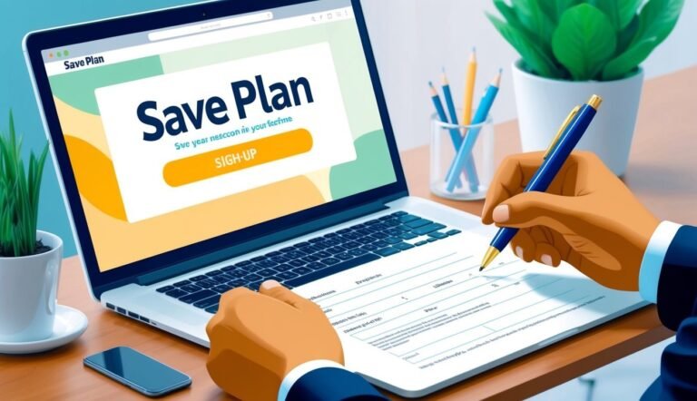 Person signing a document on a laptop with "Save Plan" website displayed