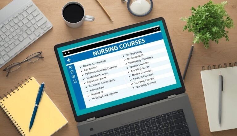 Laptop displaying a list of nursing courses, with office supplies on a wooden desk