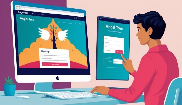 Man using computer and tablet to sign up for "Angel Tree" service