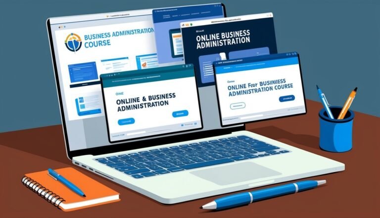 Laptop displaying online business administration course with pens and notepad