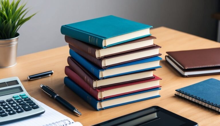 Stack of colorful books, calculator, pen, and notepad on a desk