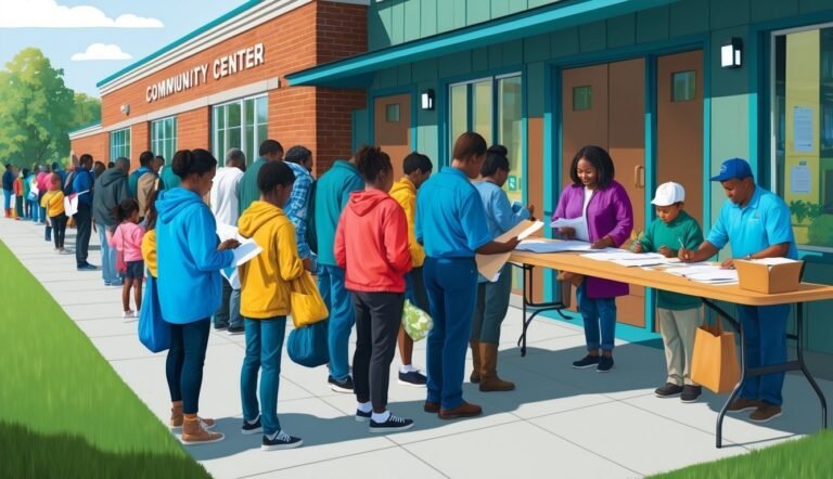 People line up outside a community center to register for an event