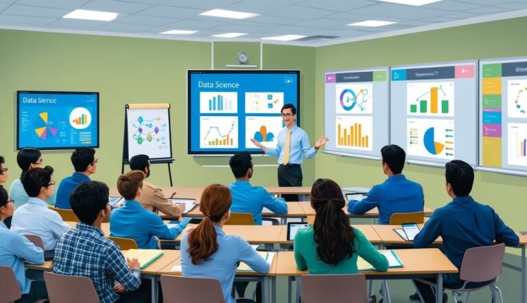 A professor giving a data science lecture to a classroom of students