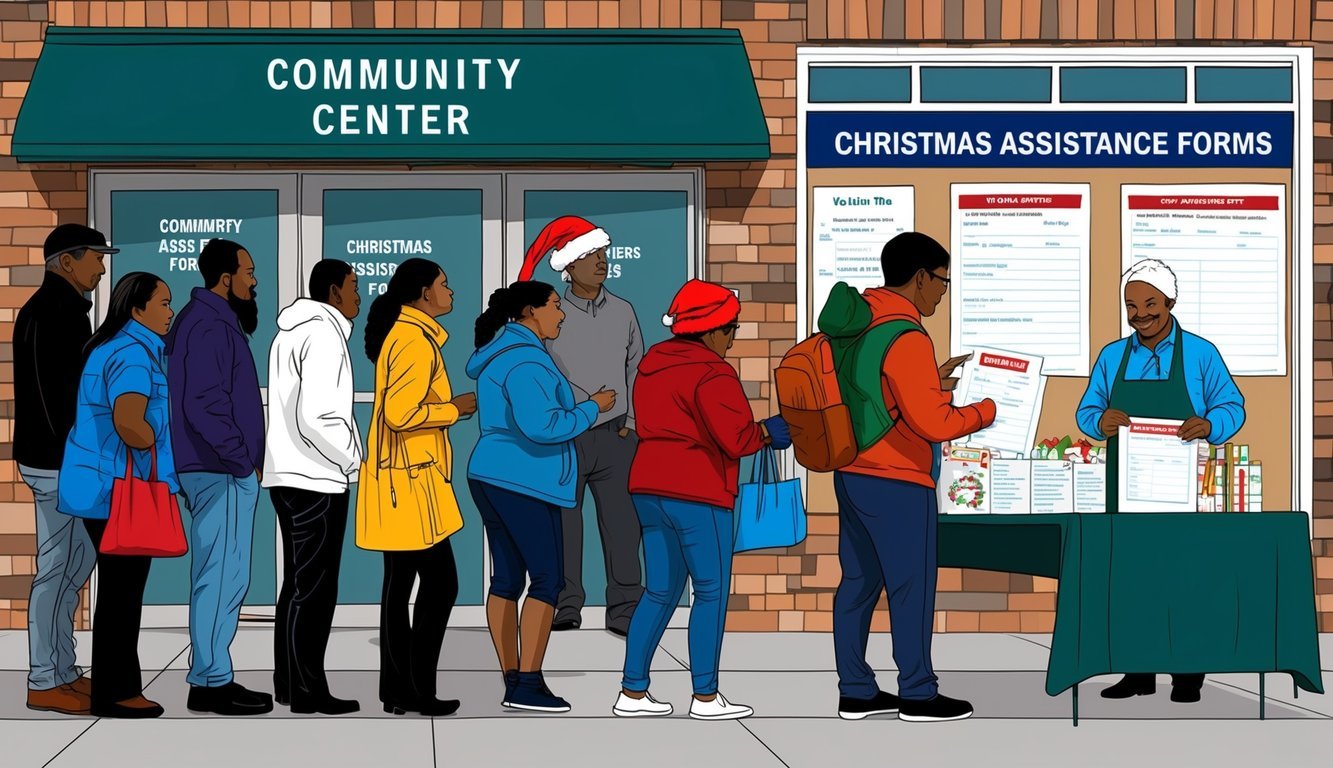 A line of people waiting outside a community center, with a sign-up table and volunteers organizing Christmas assistance forms