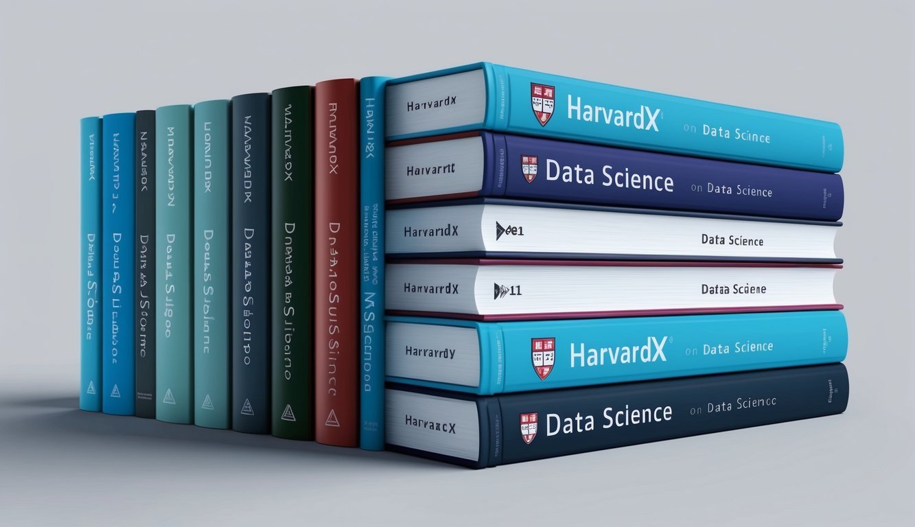 A collection of seven books on data science, arranged in a neat stack with the HarvardX logo prominently displayed on the cover