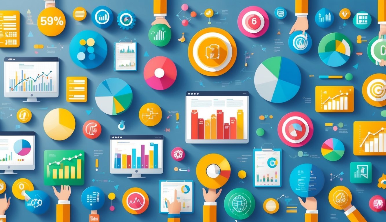 A colorful array of statistical and data science symbols and graphs arranged in a dynamic and eye-catching composition