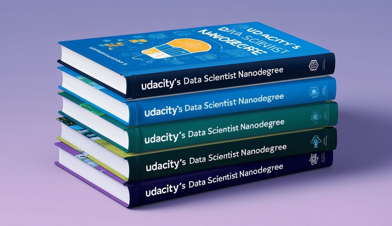 A stack of seven books labeled "Udacity's Data Scientist Nanodegree" with various data science-related illustrations on the covers