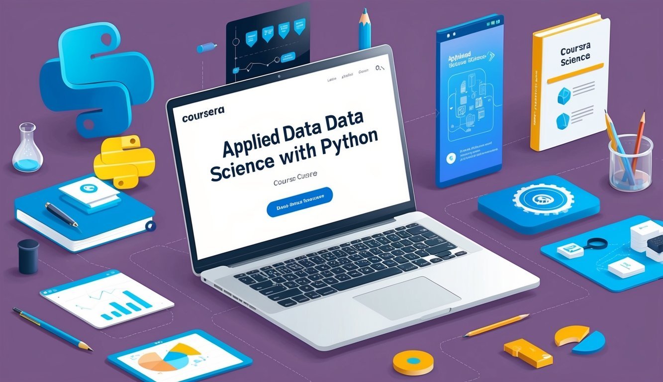 A laptop displaying Coursera's Applied Data Science with Python course surrounded by various data science-related objects