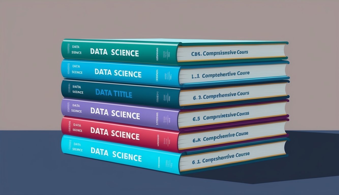 A stack of seven thick textbooks on data science, each labeled with a different comprehensive course title