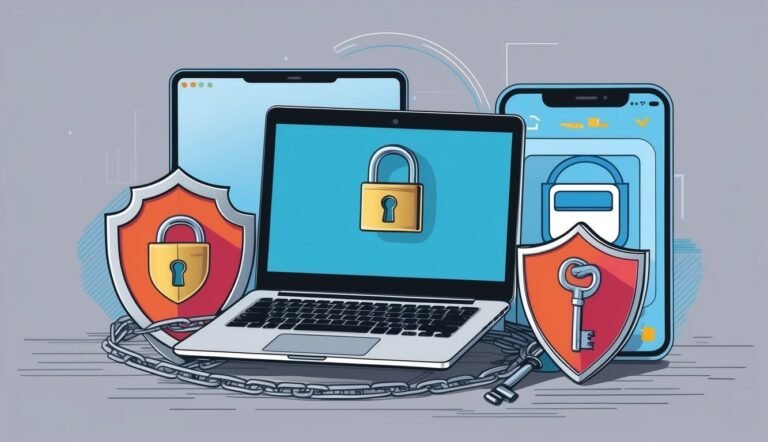 Laptop, tablet, and phone with padlocks and shields, representing security