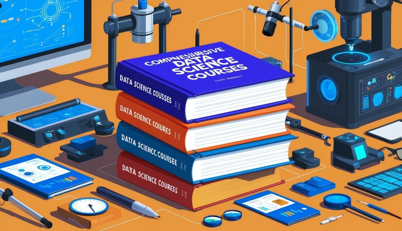 A stack of seven thick books labeled "Comprehensive Data Science Courses" surrounded by various data science tools and equipment