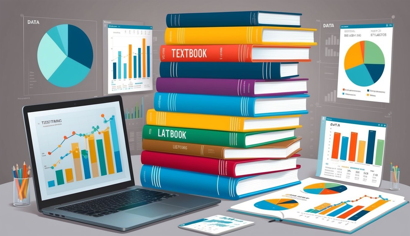 A stack of textbooks and a laptop surrounded by data charts and graphs