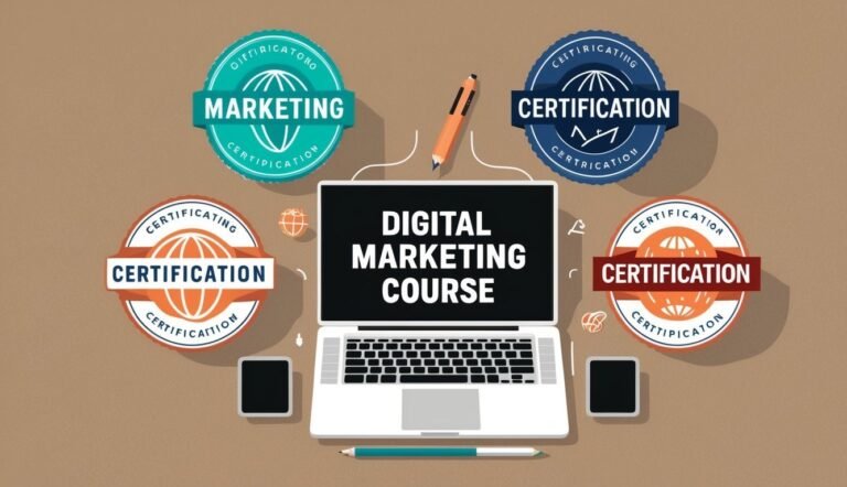 Laptop with "Digital Marketing Course" and certification badges