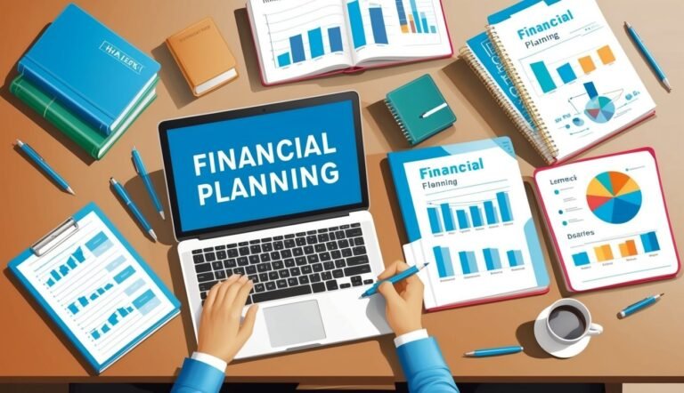 Laptop, documents, and hands on desk, illustrating financial planning and analysis