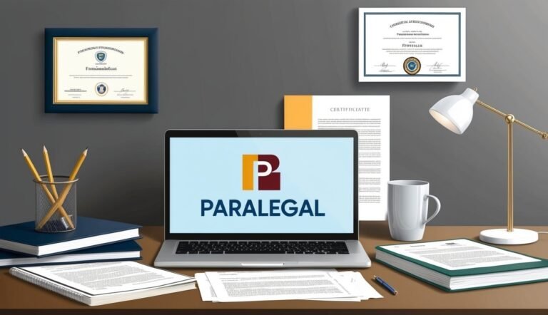 Laptop with "Paralegal" logo, documents, certificates, and desk lamp