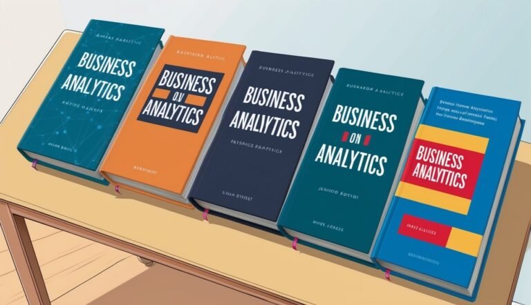 Six books titled "Business Analytics" and "Business on Analytics" on a table