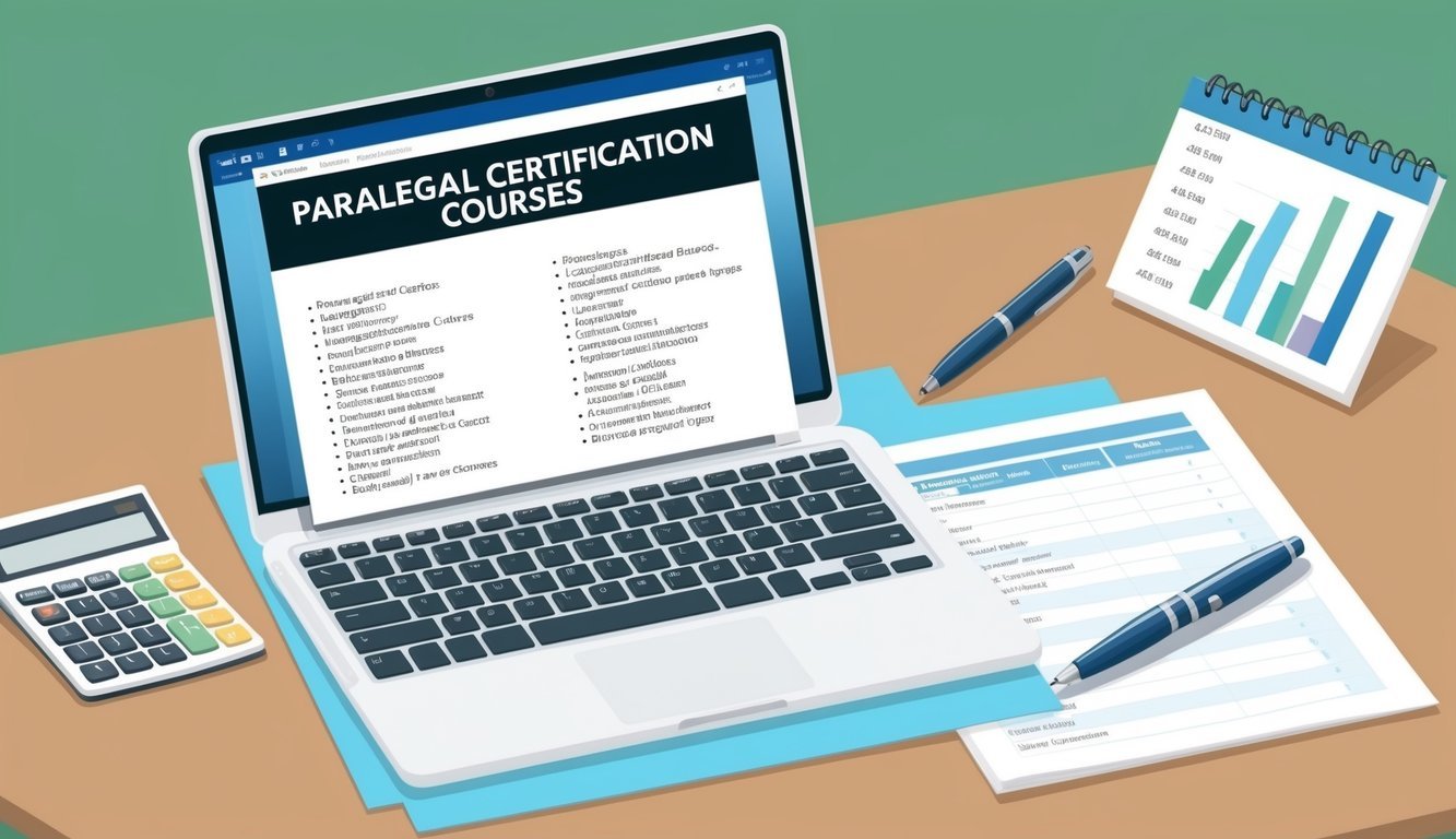 A table with a laptop, pen, and paper.</p><p>A list of paralegal certification courses is displayed on the screen.</p><p>A calculator and budget sheet are nearby