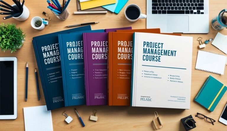 Books titled "Project Management Course" on a wooden desk with office supplies