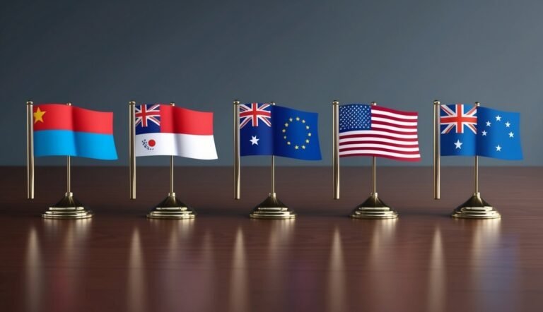 Miniature flags of various countries on a wooden table