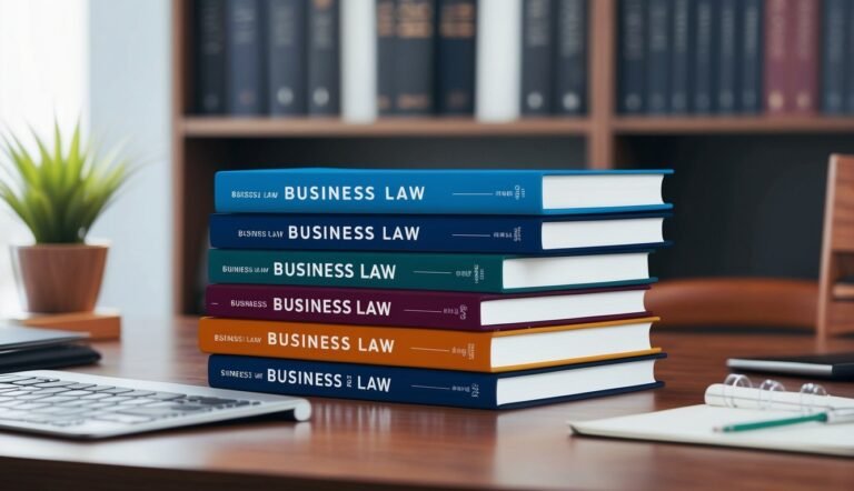 Stack of colorful "Business Law" books on a wooden desk