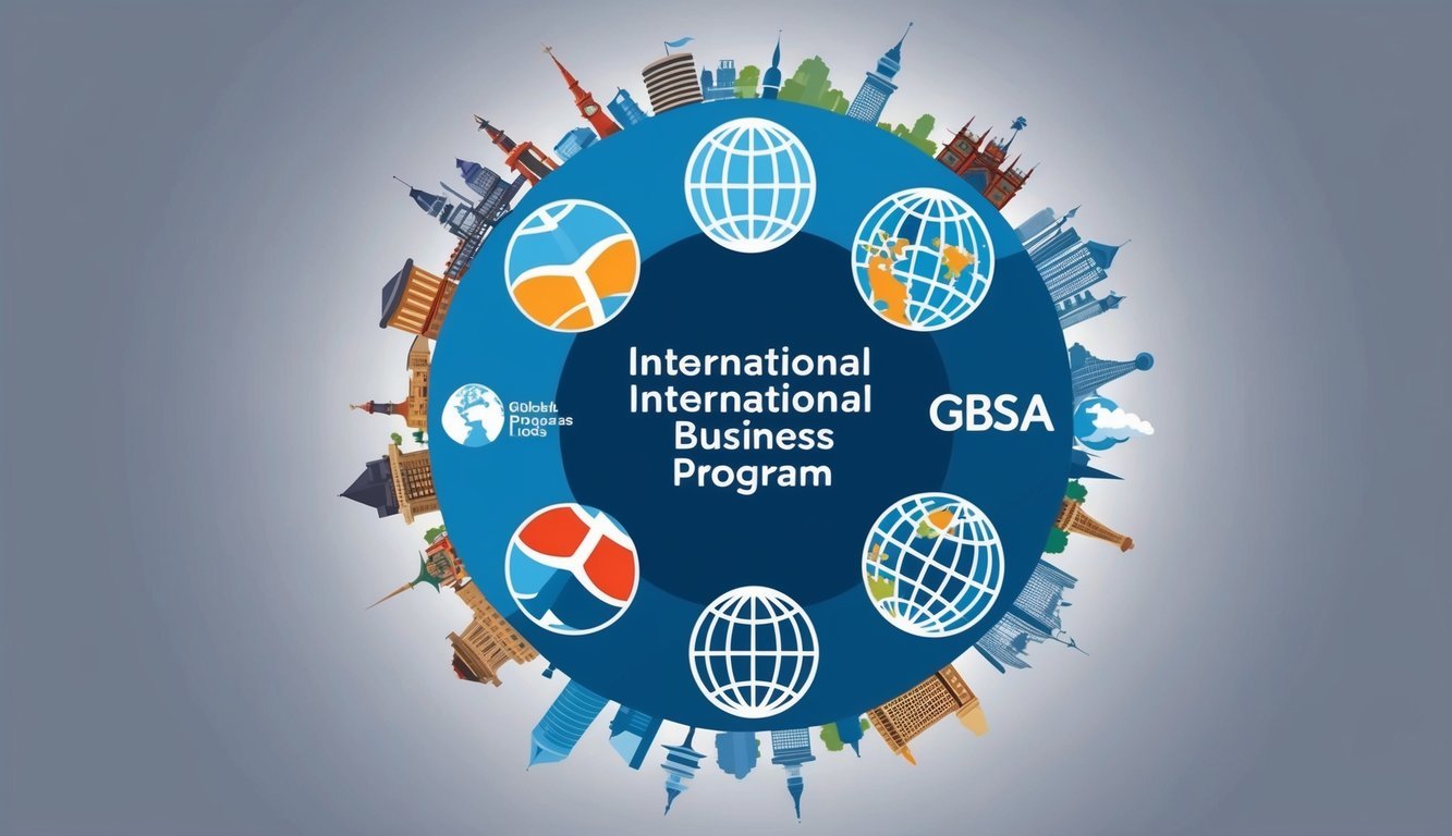 A group of five international business program logos arranged in a circle, surrounded by global landmarks and symbols