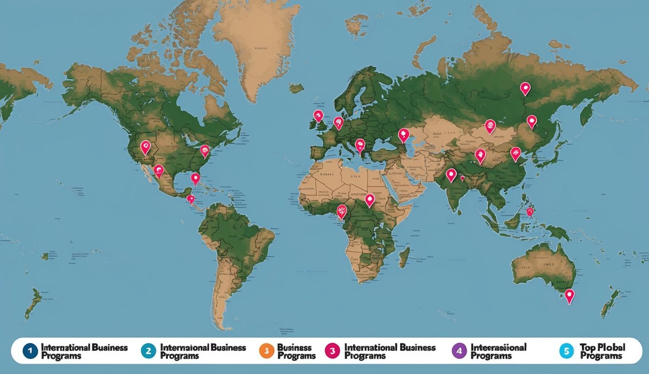 A global map with pins marking the locations of the top 5 international business programs