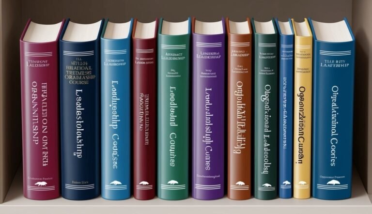 Books with titles in a strange font on a shelf