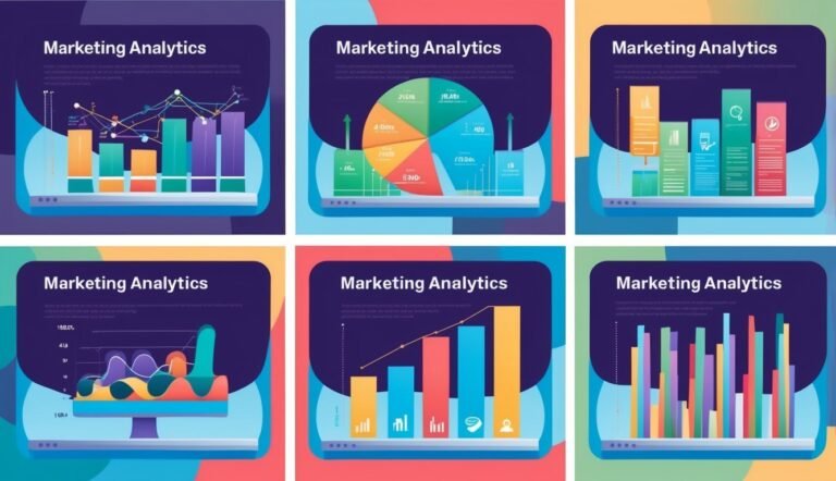 Six marketing analytics charts and graphs on computer screens