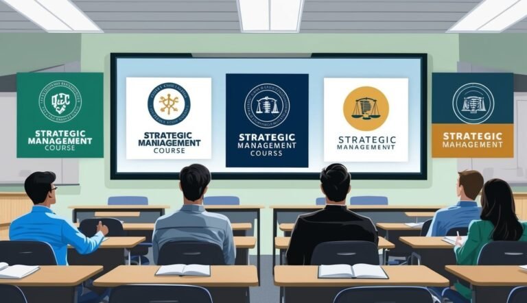 Classroom with students and a screen displaying "Strategic Management" logos