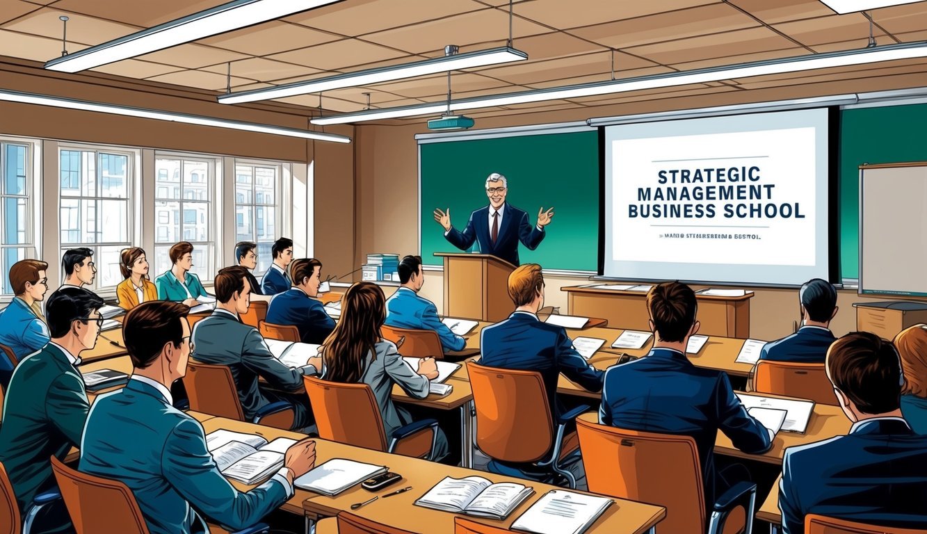 A classroom setting with a lecturer and students engaged in a strategic management course at Harvard Business School