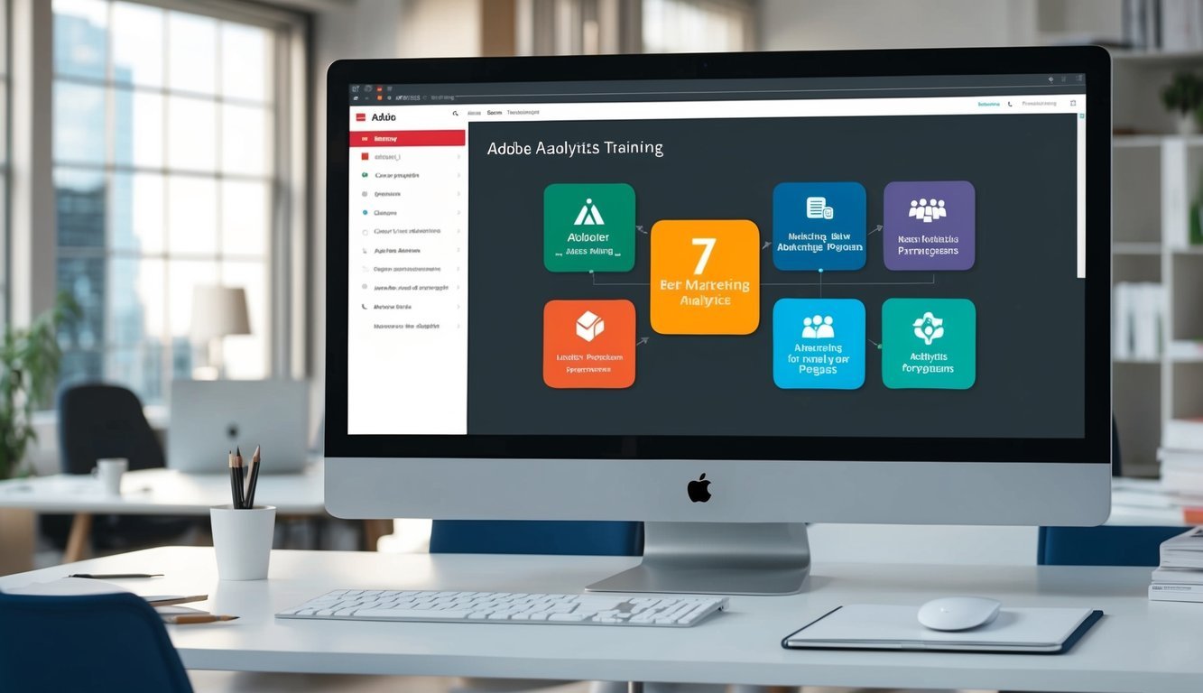 A computer screen displaying Adobe Analytics Training with 7 best marketing analytics programs open in a modern office setting