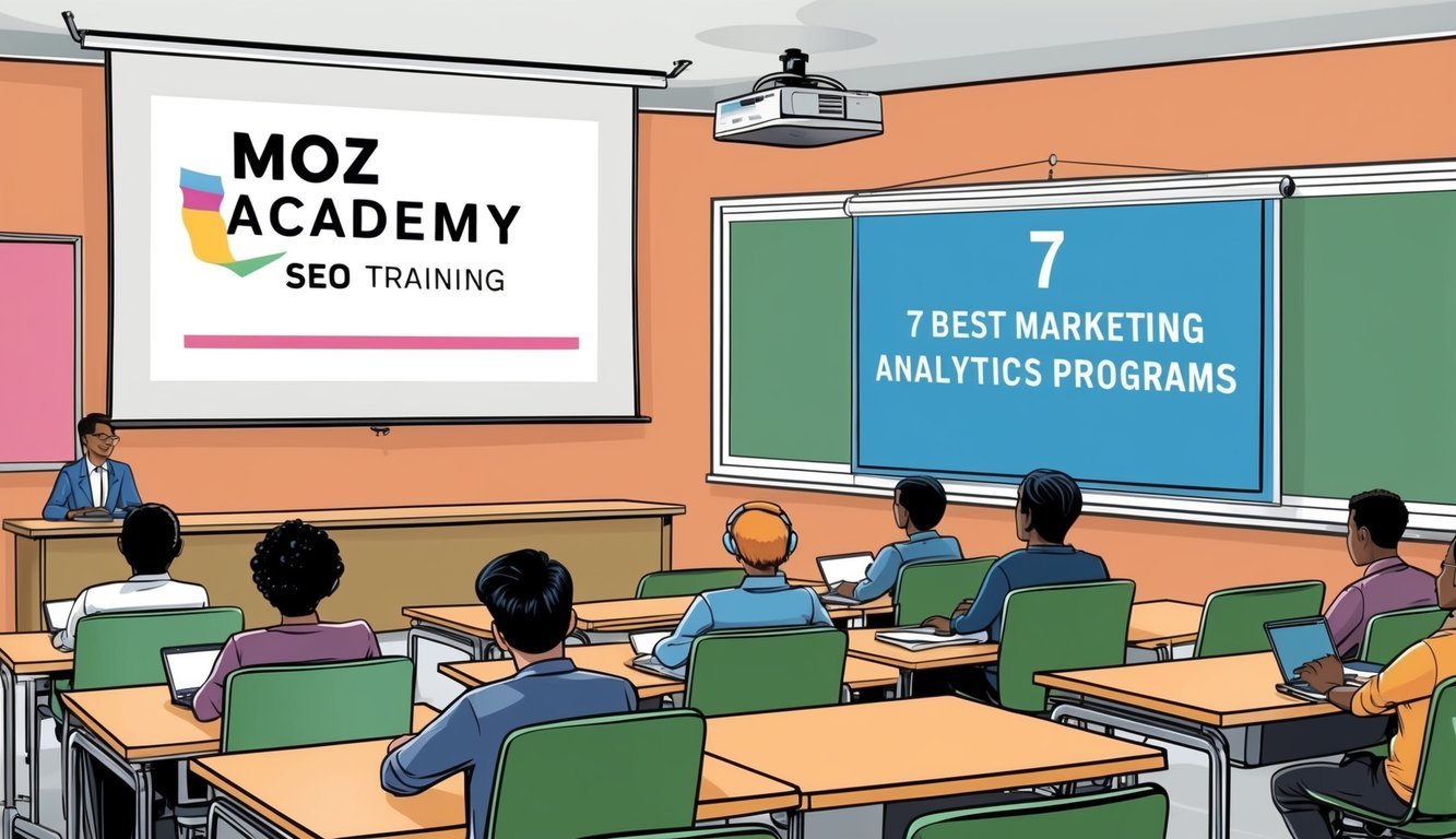 A classroom with a projector displaying "Moz Academy SEO Training" and "7 Best marketing analytics programs" on the screen