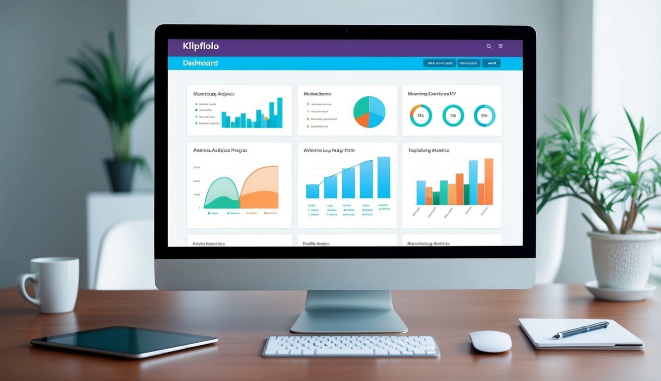 A computer screen displaying Klipfolio Dashboard with graphs and charts related to marketing analytics programs