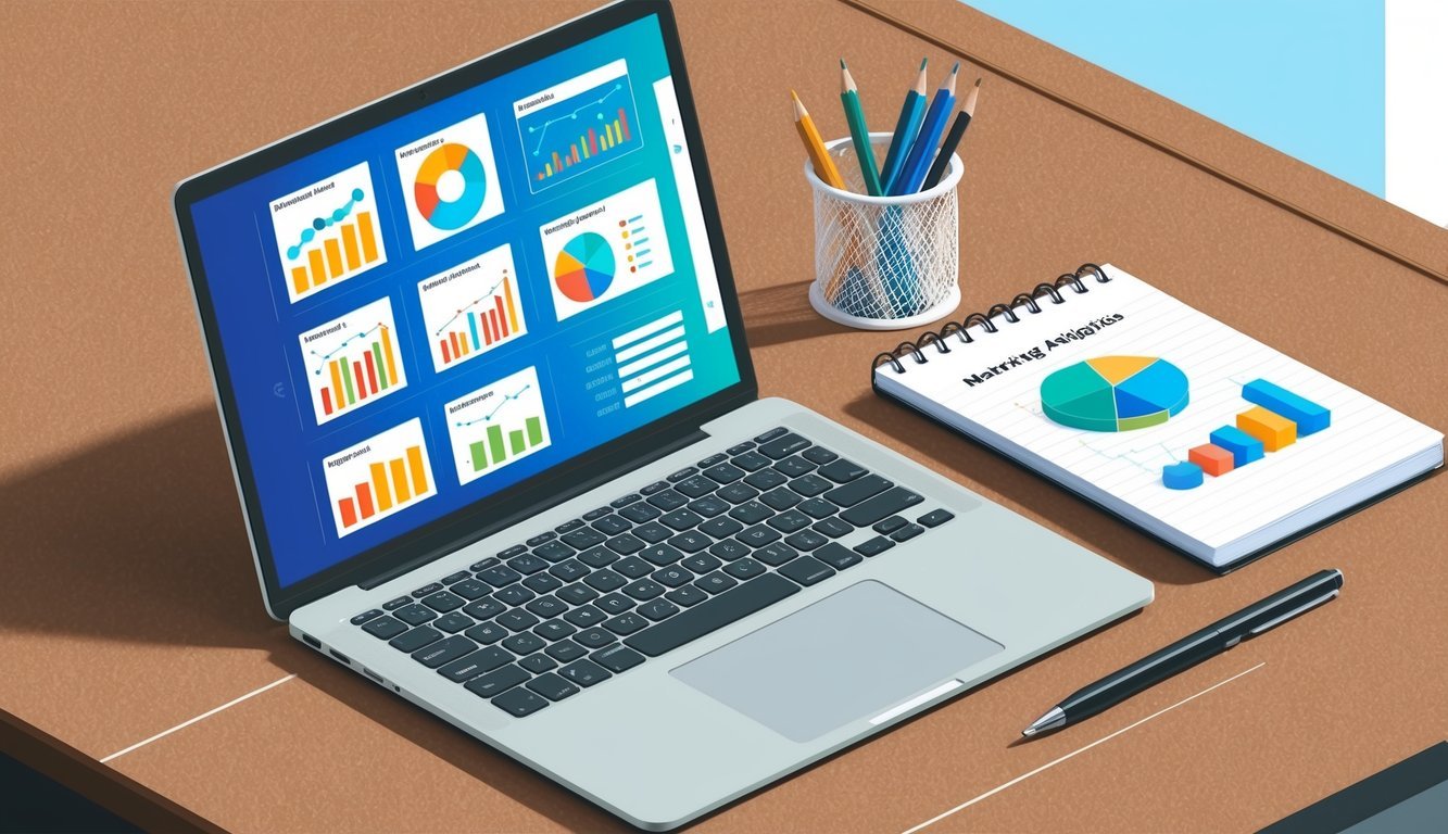 A laptop displaying various marketing analytics graphs and charts with a notepad and pen next to it