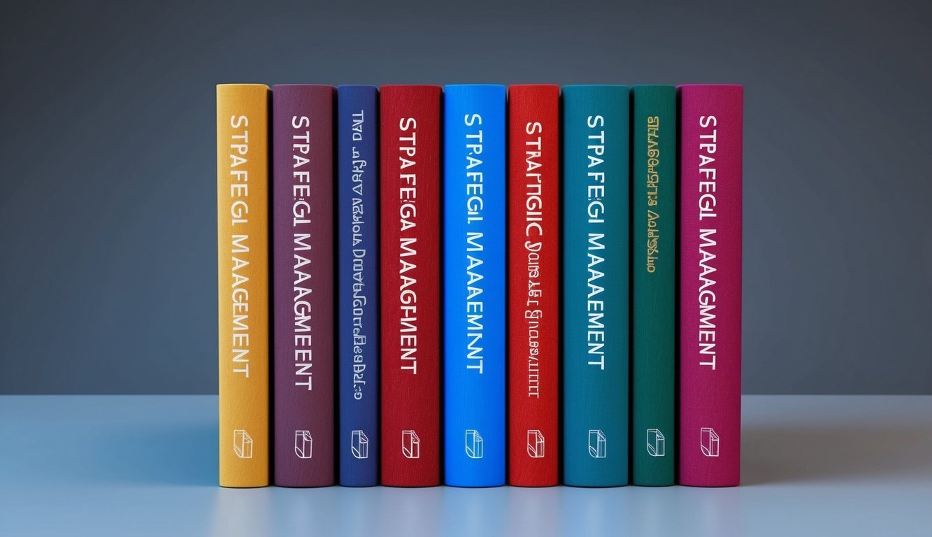 A group of six colorful books arranged in a neat row, each with a different title related to strategic management